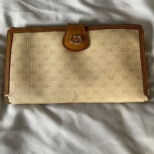 Vintage Gucci Tan Leather & Ivory Canvas Wallet